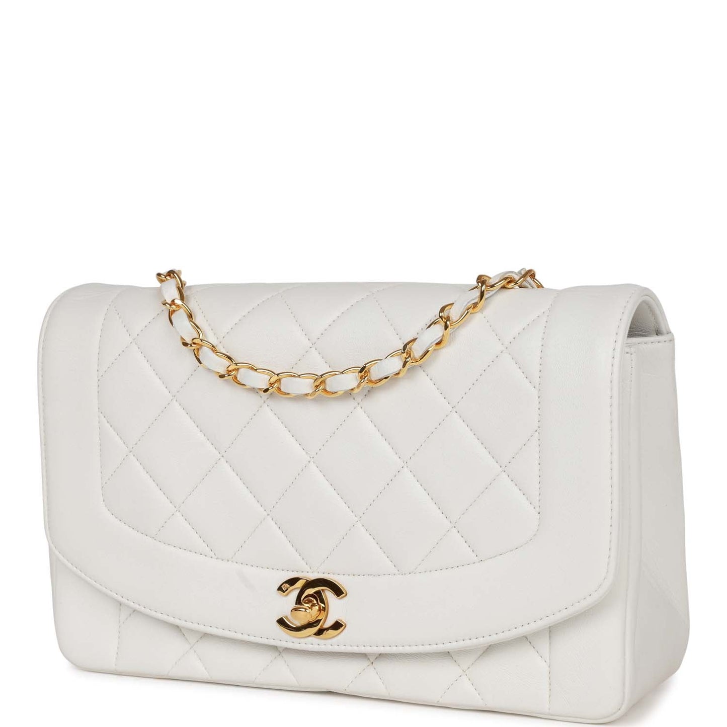 Vintage Chanel Medium Diana Flap Bag White Lambskin Gold Hardware