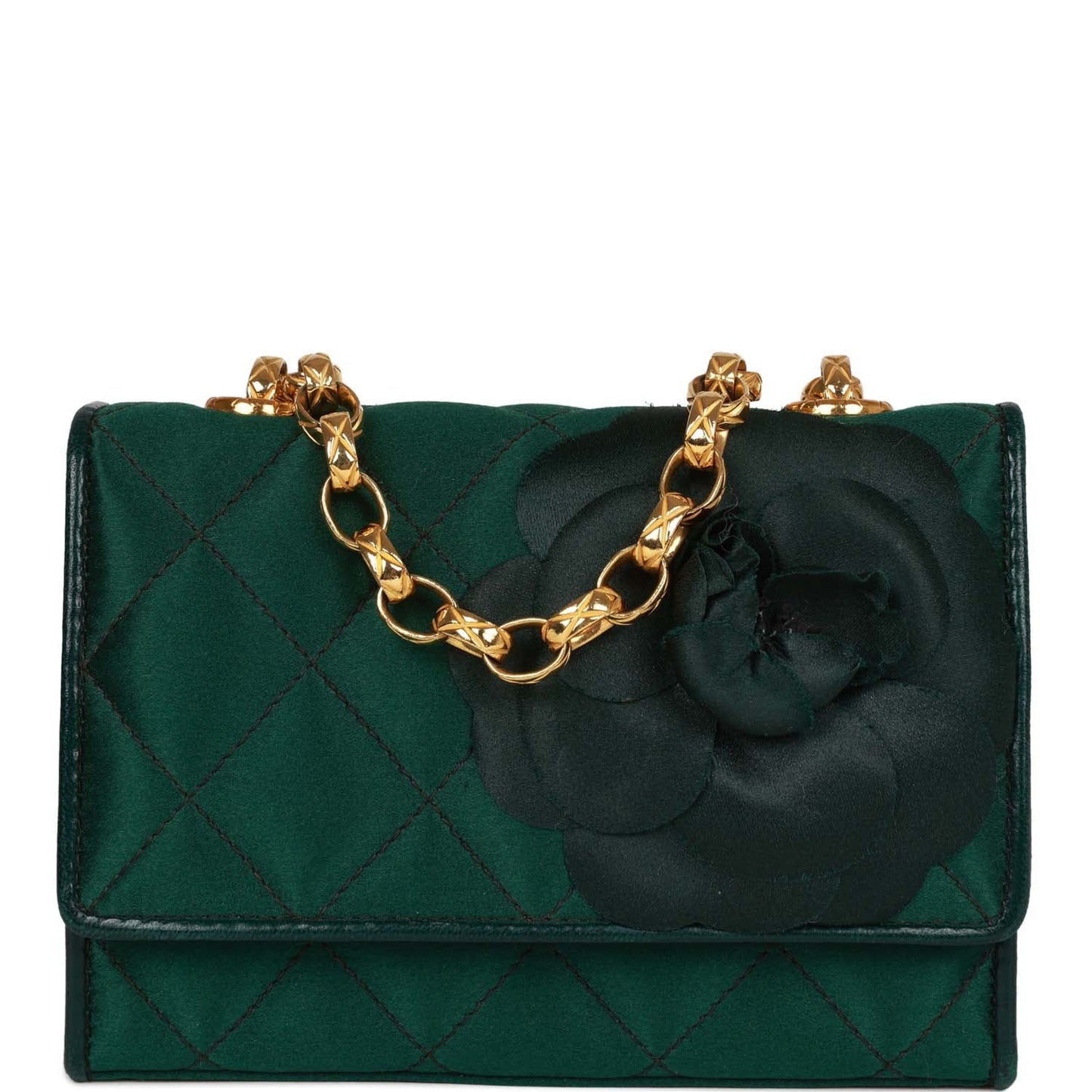 Vintage Chanel Mini Camellia Flap Bag Green Satin Gold Hardware