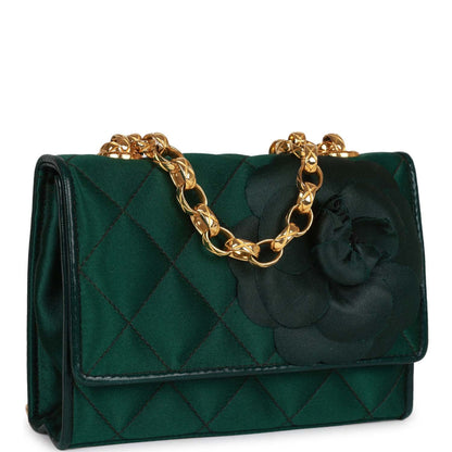 Vintage Chanel Mini Camellia Flap Bag Green Satin Gold Hardware