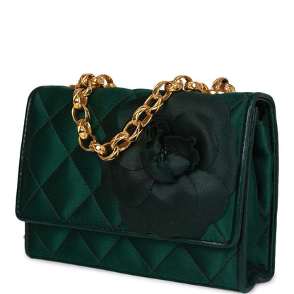 Vintage Chanel Mini Camellia Flap Bag Green Satin Gold Hardware