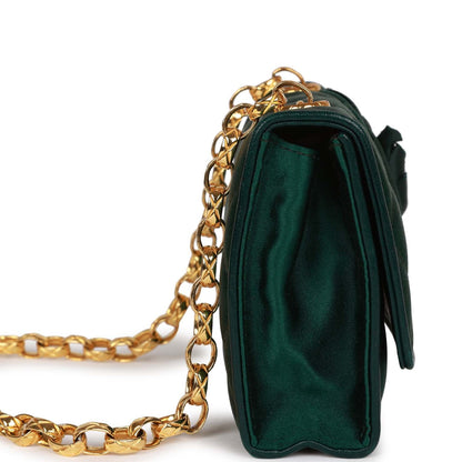 Vintage Chanel Mini Camellia Flap Bag Green Satin Gold Hardware