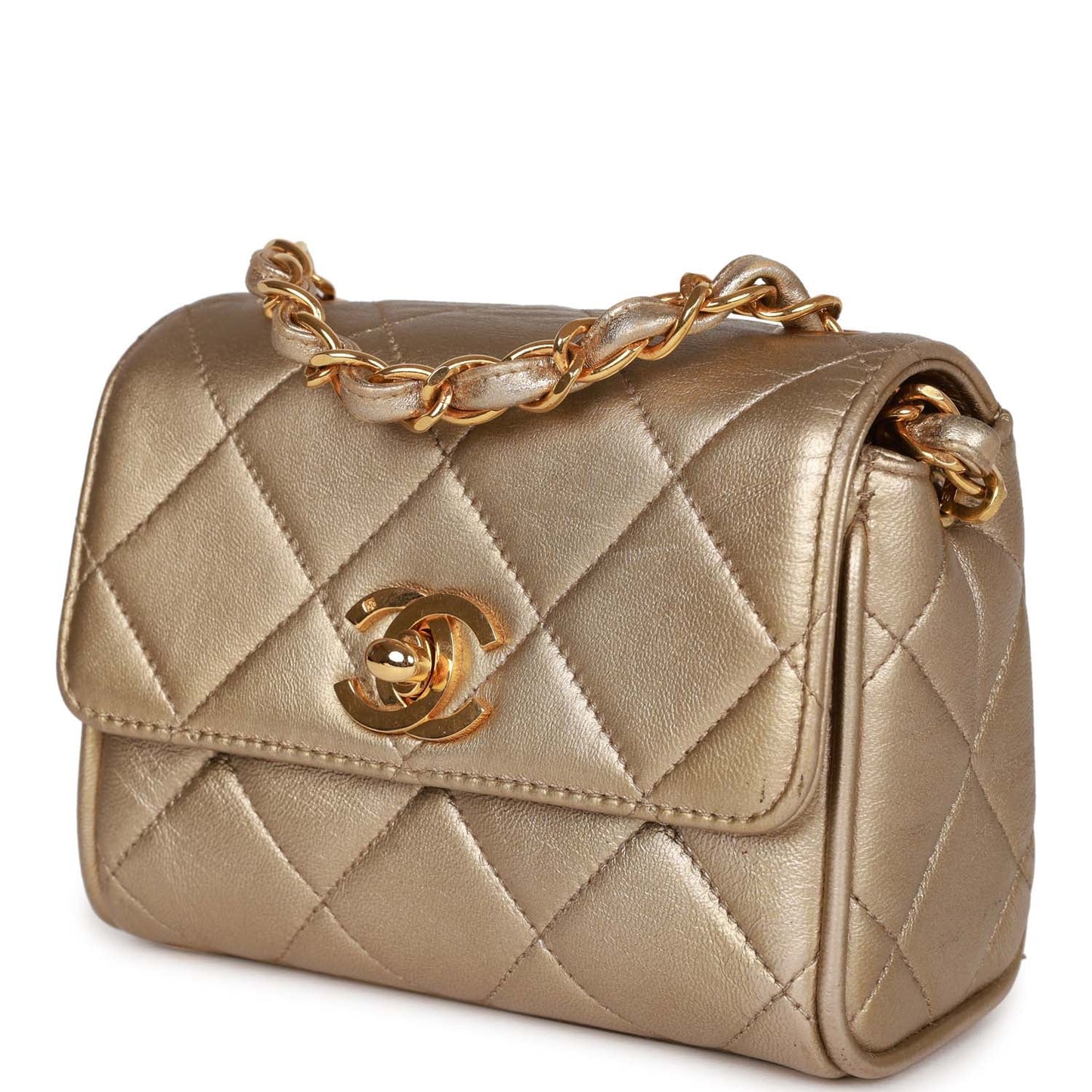 Vintage Chanel Nano Flap Bag Gold Metallic Lambskin Gold Hardware