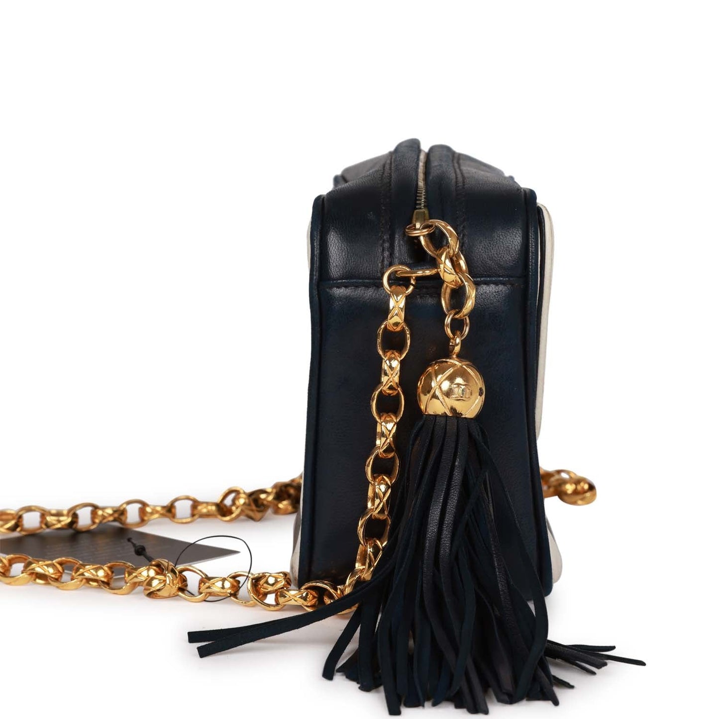 Vintage Chanel Fringe Chain Camera Bag Navy and White Lambskin Gold Hardware