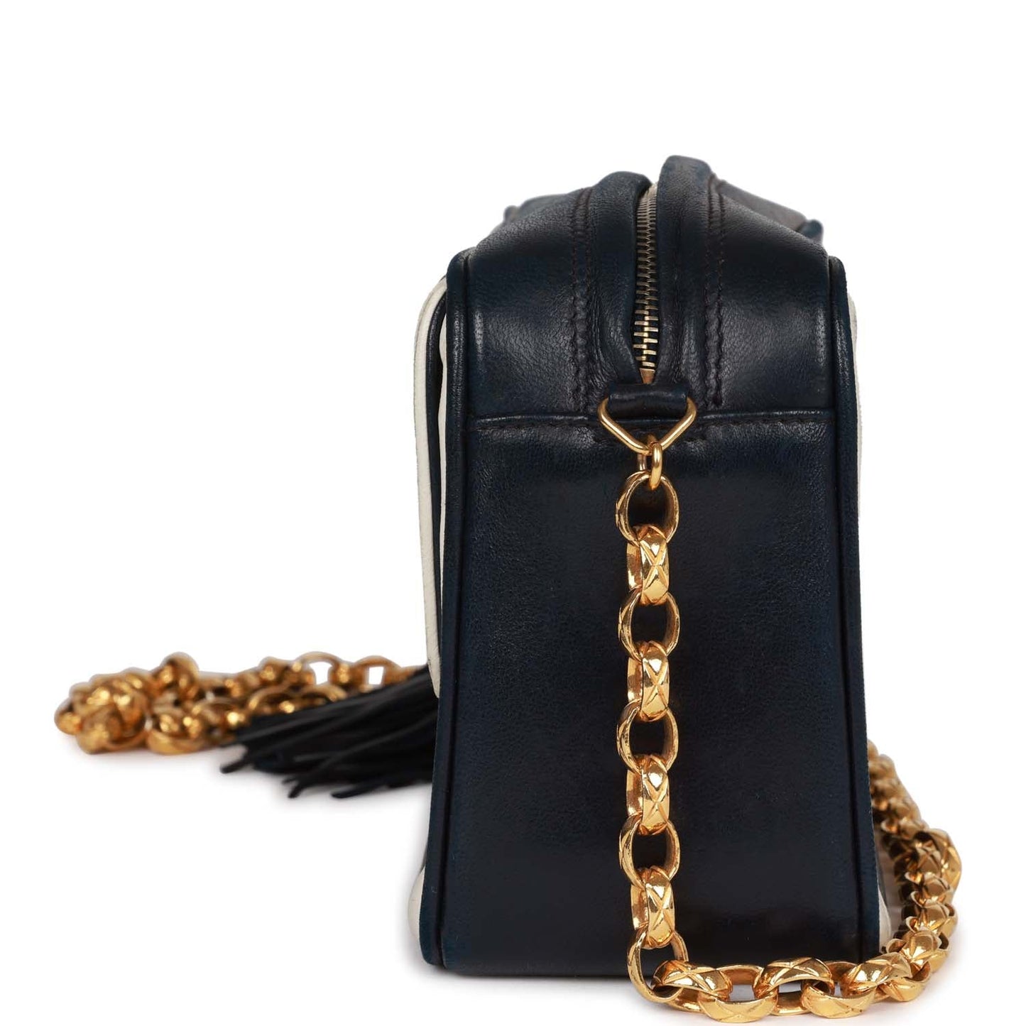 Vintage Chanel Fringe Chain Camera Bag Navy and White Lambskin Gold Hardware