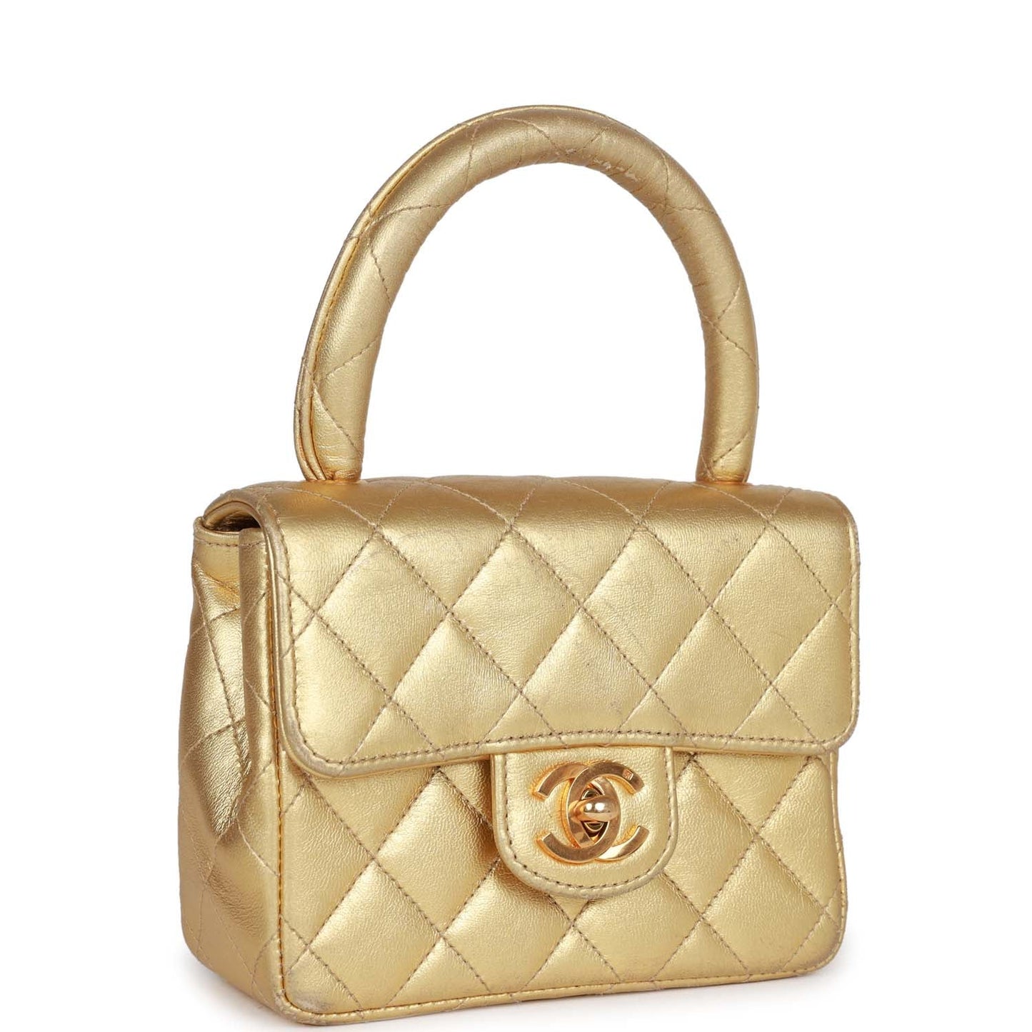 Vintage Chanel Mini Kelly Child Flap Bag Gold Metallic Lambskin Gold Hardware