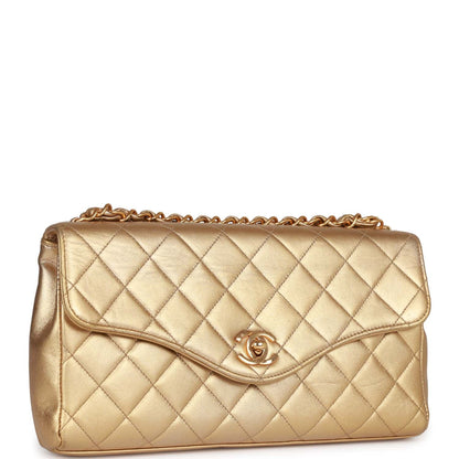 Vintage Chanel Clutch Flap Bag with Handle Gold Metallic Lambskin Gold Hardware