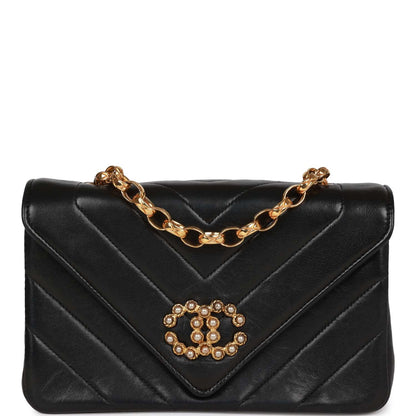 Vintage Chanel Faux Pearl Coco Bijou Mini Flap Bag Black Lambskin Gold Hardware