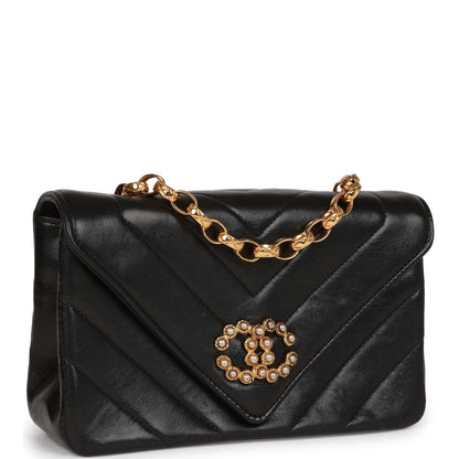 Vintage Chanel Faux Pearl Coco Bijou Mini Flap Bag Black Lambskin Gold Hardware