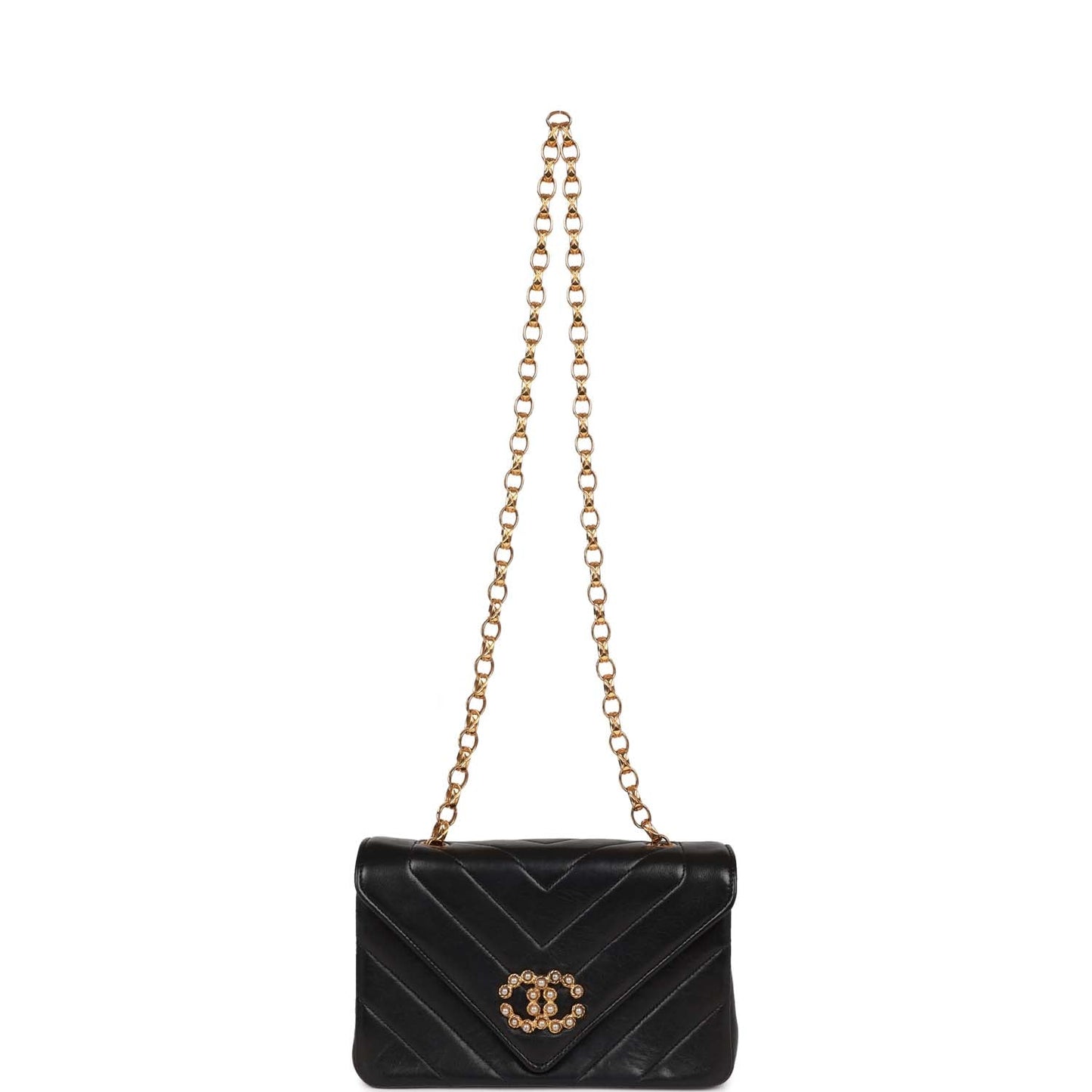 Vintage Chanel Faux Pearl Coco Bijou Mini Flap Bag Black Lambskin Gold Hardware