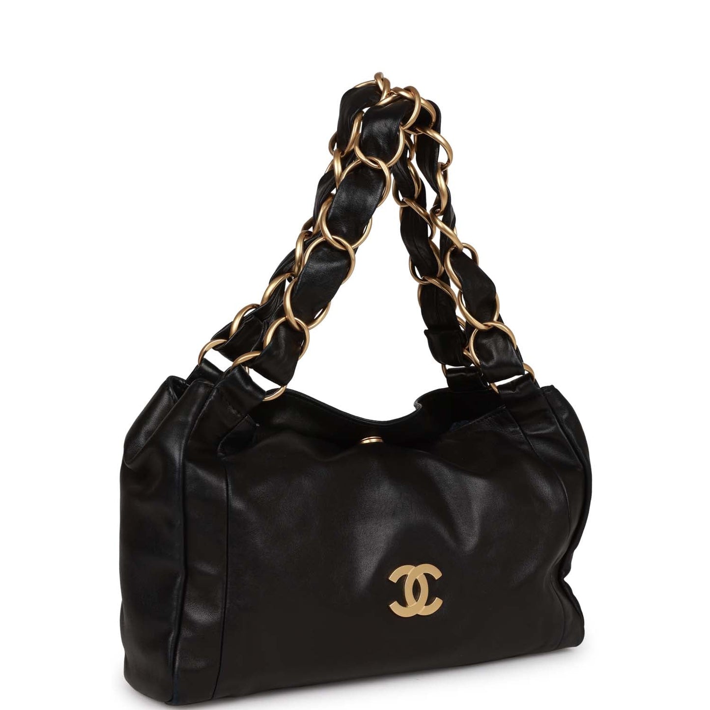 Vintage Chanel "Olsen" Hobo Shoulder Bag Black Lambskin Brushed Gold Hardware