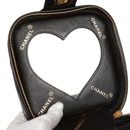 Vintage Chanel Vanity Heart Mirror Bag Black Patent Gold Hardware