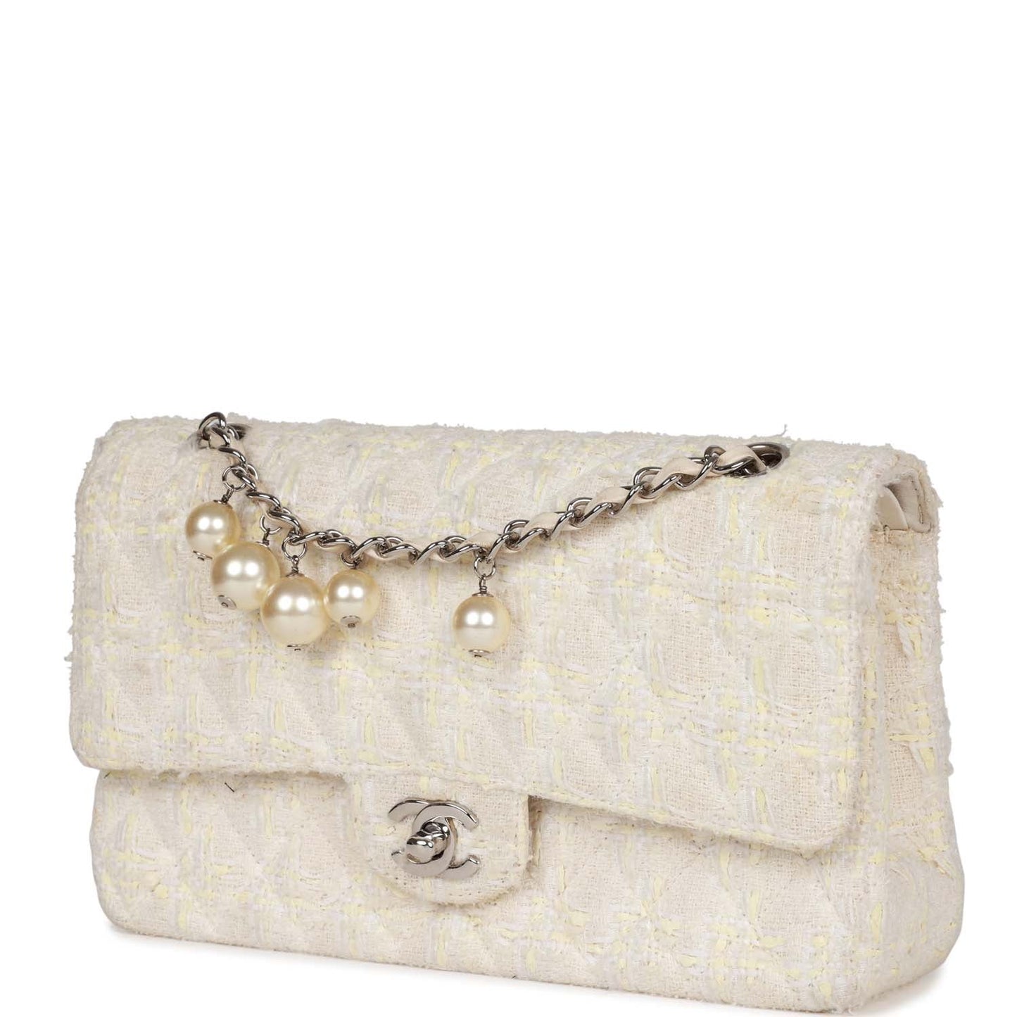 Vintage Chanel Medium Double Flap Bag White Tweed Silver Hardware