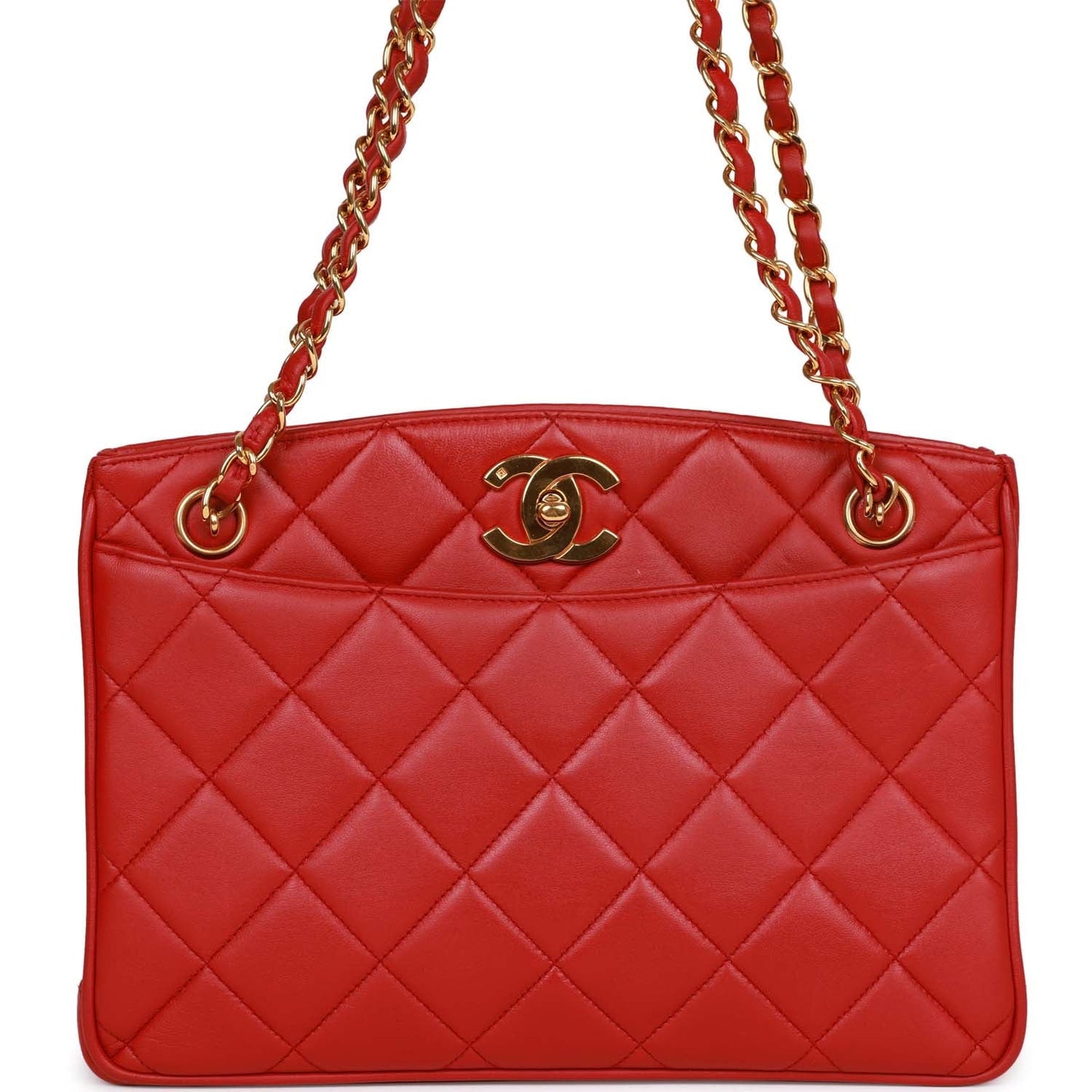 Vintage Chanel Mini Chain Tote Bag Red Lambskin Gold Hardware