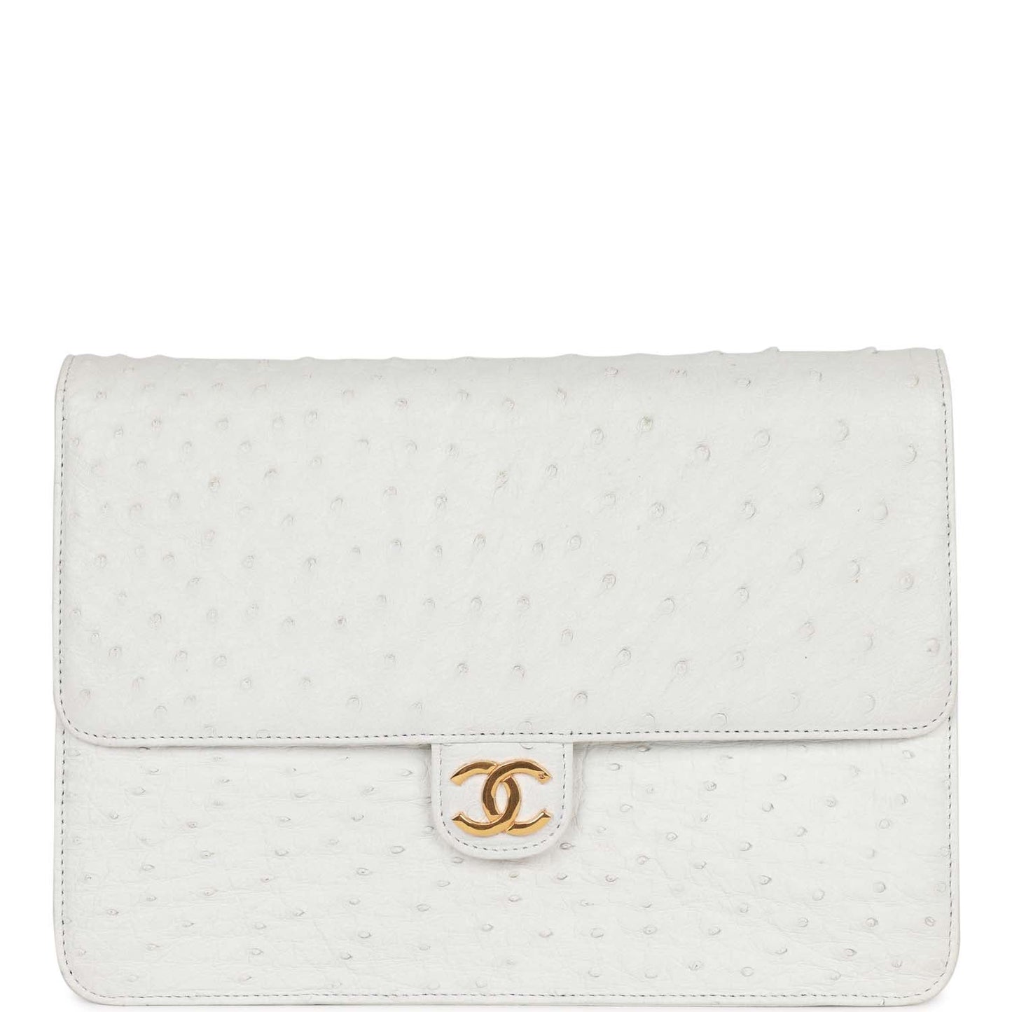 Vintage Chanel Single Flap Bag White Ostrich Gold Hardware