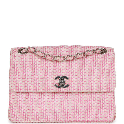 Vintage Chanel Classic Mini Flap Bag Pink Tweed Silver Hardware