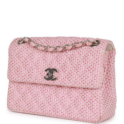 Vintage Chanel Classic Mini Flap Bag Pink Tweed Silver Hardware