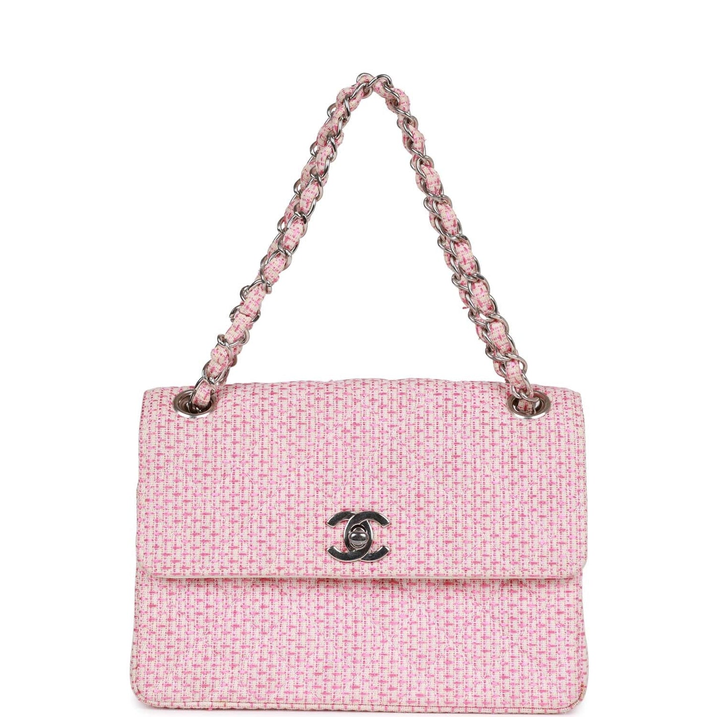 Vintage Chanel Classic Mini Flap Bag Pink Tweed Silver Hardware