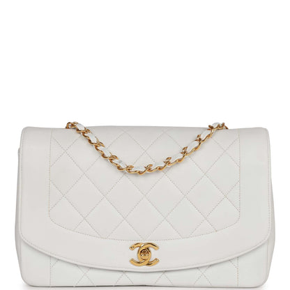 Vintage Chanel Medium Diana Flap Bag White Lambskin Gold Hardware