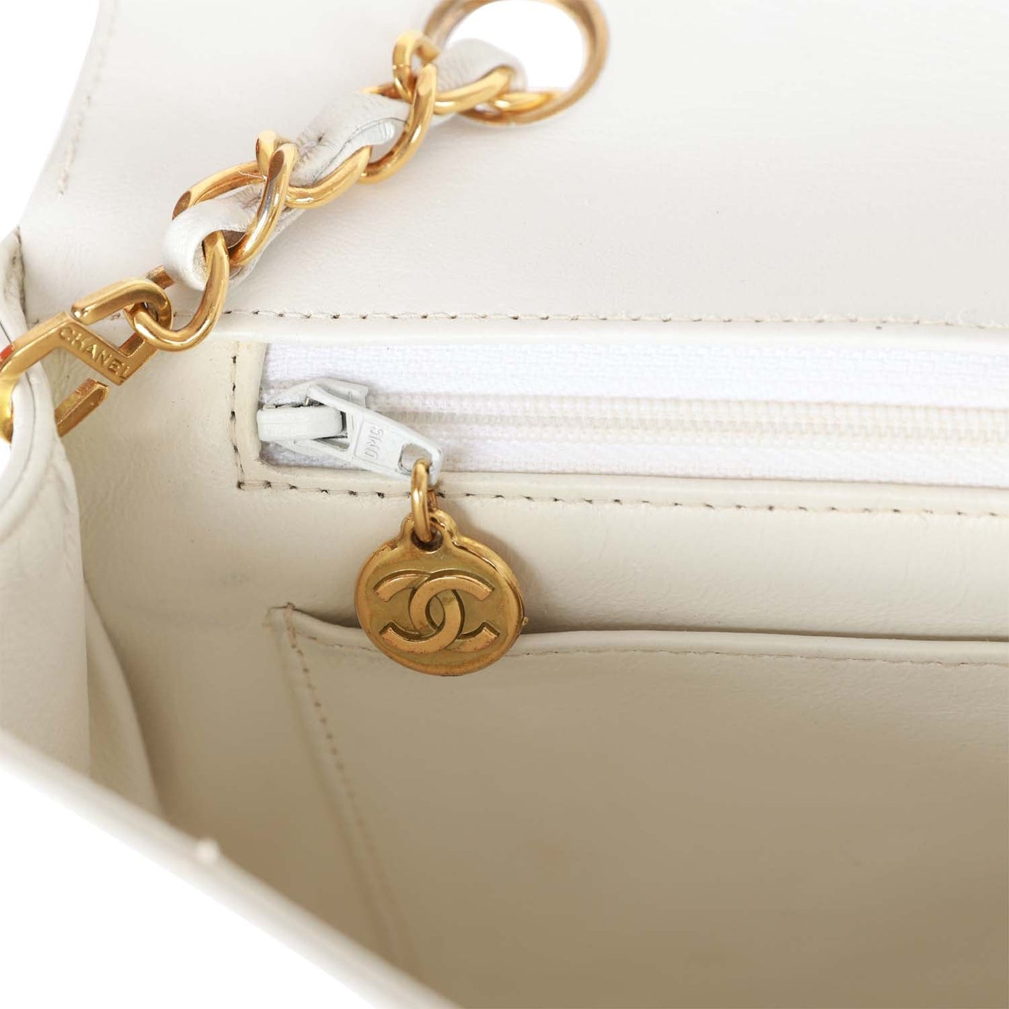 Vintage Chanel Medium Diana Flap Bag White Lambskin Gold Hardware