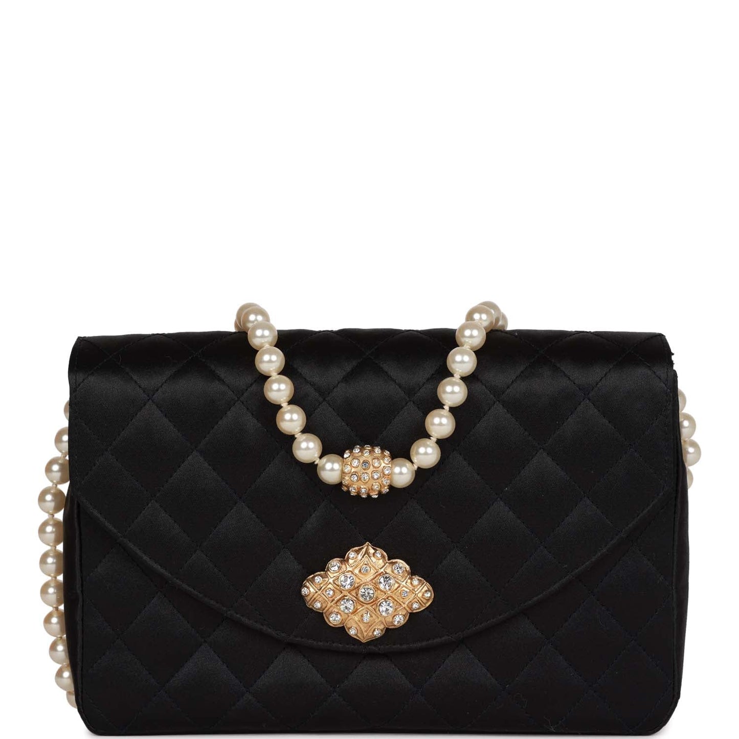 Vintage Chanel Gripoix Pearl Chain Bag Black Satin Gold Hardware