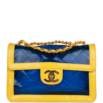 Vintage Chanel Maxi Flap Bag Yellow/Blue Quilted Patent Leather Gold Hardware