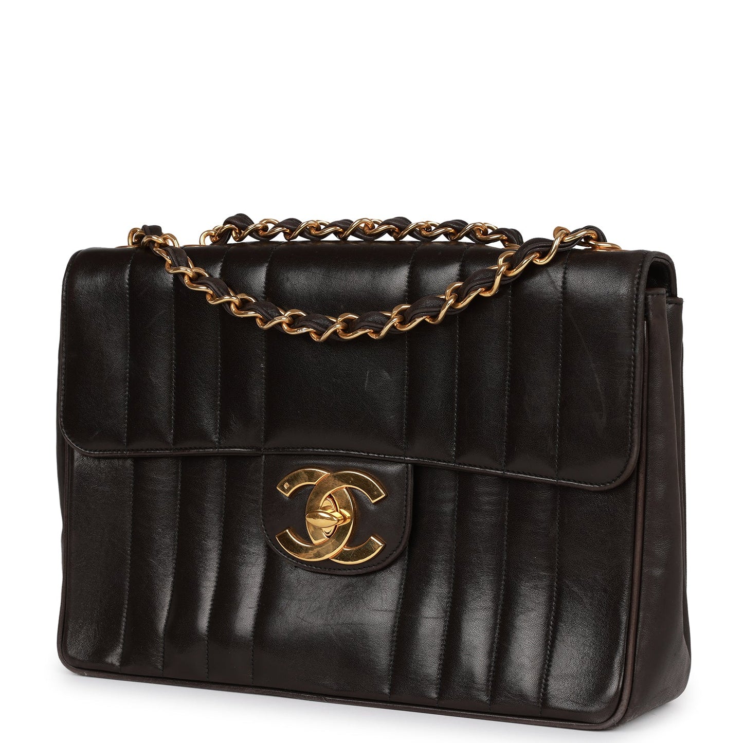 Vintage Chanel Mademoiselle Jumbo Single Flap Black Lambskin Gold Hardware