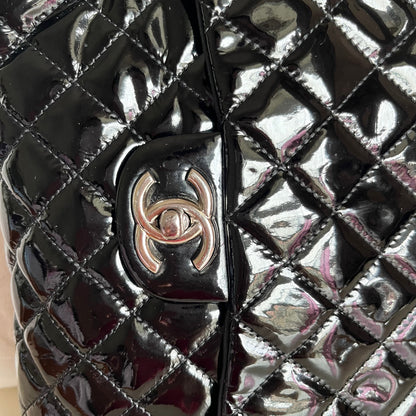 Chanel Upside Down Flap Bag Black Diamond Quilted Patent Leather Silver Hardware