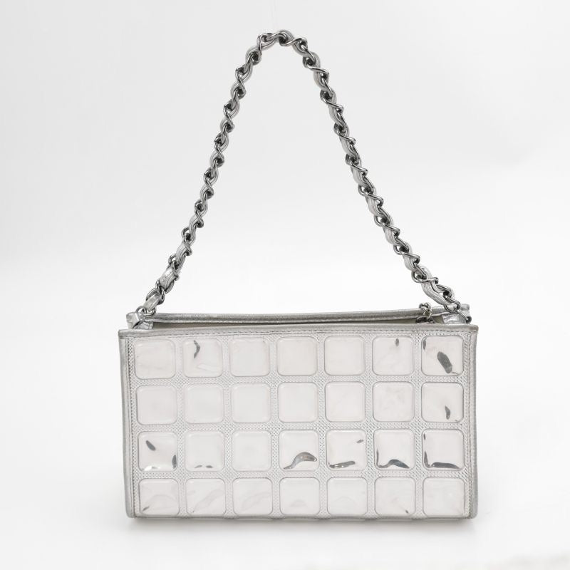 Chanel Ice Cube Chocolate Bar Clutch Metallic Silver PVC with Leather Shoulder Bag