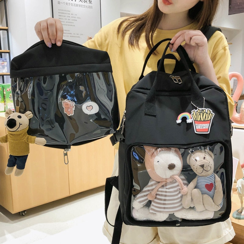 Waterproof Nylon Women Backpack Female Portable Backpack With Detachable Transparent Front Pocket School Bag