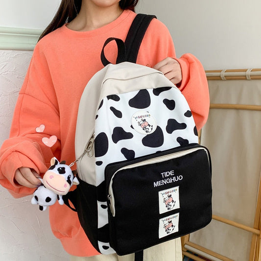 New Cow Pattern Nyon With Suede Women Backpack Female Lovely School Bag for Teenage Girls Contrast Color Travel Mochila