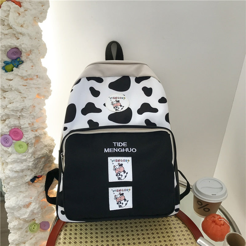 New Cow Pattern Nyon With Suede Women Backpack Female Lovely School Bag for Teenage Girls Contrast Color Travel Mochila