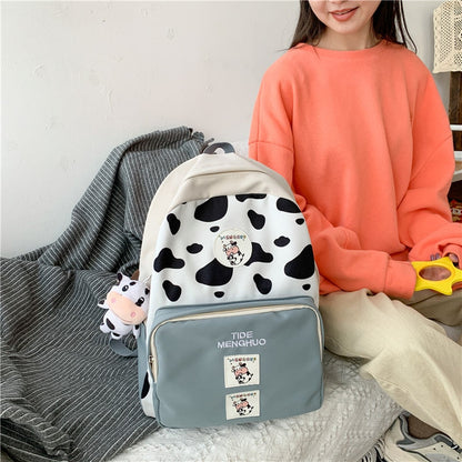 New Cow Pattern Nyon With Suede Women Backpack Female Lovely School Bag for Teenage Girls Contrast Color Travel Mochila