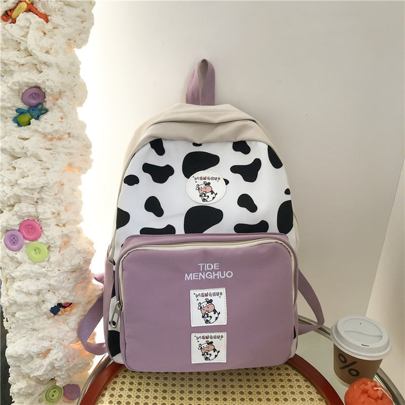 New Cow Pattern Nyon With Suede Women Backpack Female Lovely School Bag for Teenage Girls Contrast Color Travel Mochila