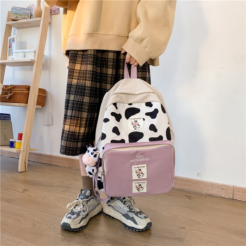 New Cow Pattern Nyon With Suede Women Backpack Female Lovely School Bag for Teenage Girls Contrast Color Travel Mochila