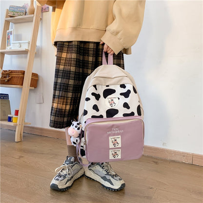 New Cow Pattern Nyon With Suede Women Backpack Female Lovely School Bag for Teenage Girls Contrast Color Travel Mochila