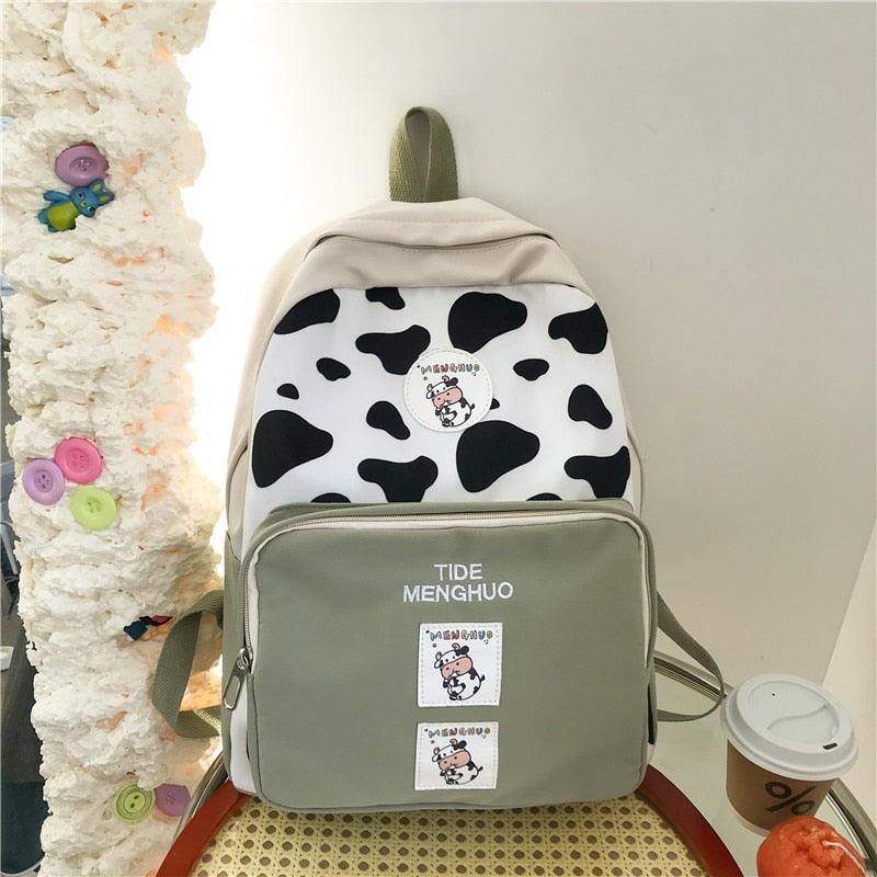 New Cow Pattern Nyon With Suede Women Backpack Female Lovely School Bag for Teenage Girls Contrast Color Travel Mochila