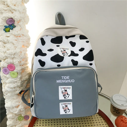 New Cow Pattern Nyon With Suede Women Backpack Female Lovely School Bag for Teenage Girls Contrast Color Travel Mochila