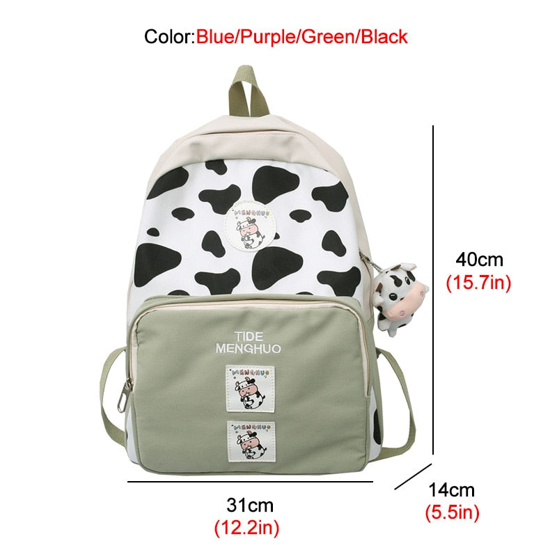 New Cow Pattern Nyon With Suede Women Backpack Female Lovely School Bag for Teenage Girls Contrast Color Travel Mochila