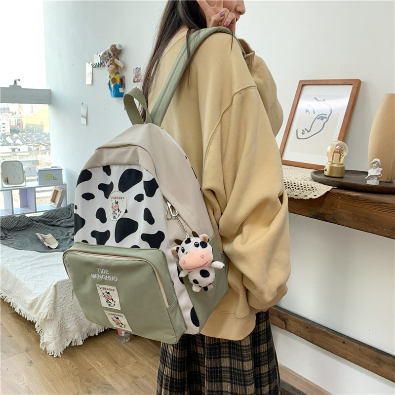 New Cow Pattern Nyon With Suede Women Backpack Female Lovely School Bag for Teenage Girls Contrast Color Travel Mochila