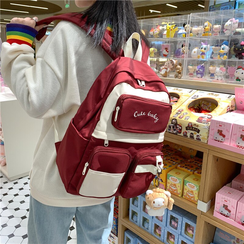 New English Bmbroidery Waterproof Nylon Women Backpack Female Multiple Pockets Color Contrast Travel Bag Lady's Schoolbag