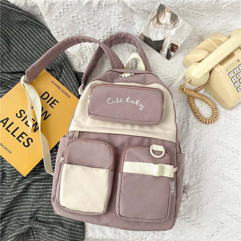 New English Bmbroidery Waterproof Nylon Women Backpack Female Multiple Pockets Color Contrast Travel Bag Lady's Schoolbag