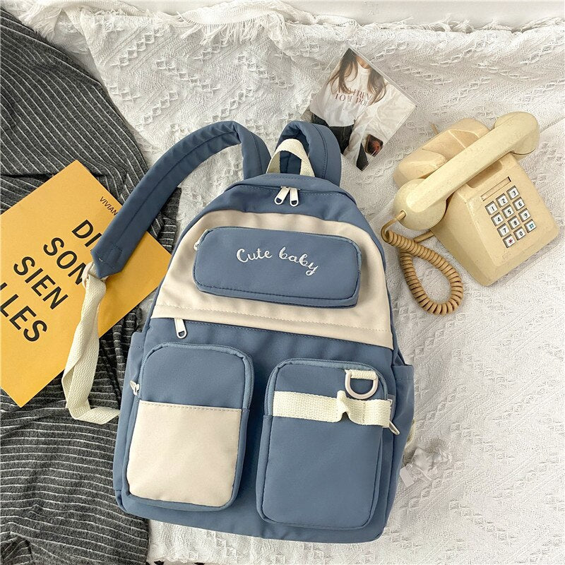 New English Bmbroidery Waterproof Nylon Women Backpack Female Multiple Pockets Color Contrast Travel Bag Lady's Schoolbag