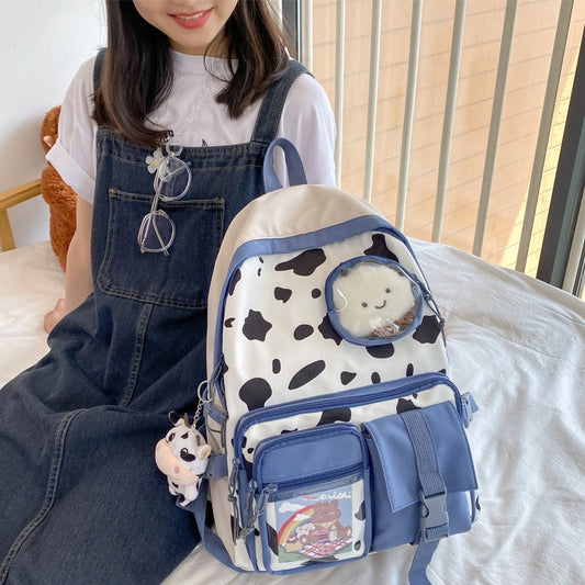 New Kawaii Cow Print Women Backpack Female Multi-pocket Knapsack Teenage Girl Transparent Book Bag Students Big Schoolbag