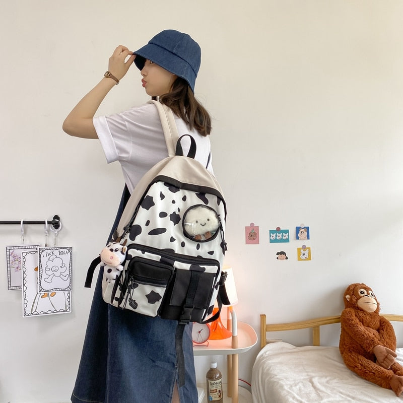 New Kawaii Cow Print Women Backpack Female Multi-pocket Knapsack Teenage Girl Transparent Book Bag Students Big Schoolbag