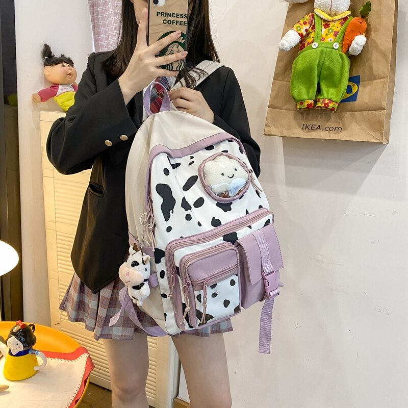 New Kawaii Cow Print Women Backpack Female Multi-pocket Knapsack Teenage Girl Transparent Book Bag Students Big Schoolbag