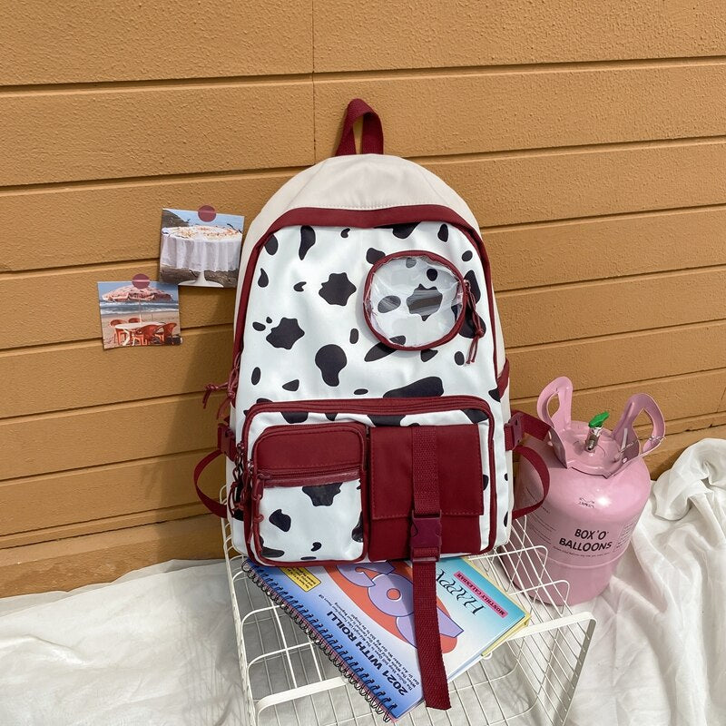 New Kawaii Cow Print Women Backpack Female Multi-pocket Knapsack Teenage Girl Transparent Book Bag Students Big Schoolbag