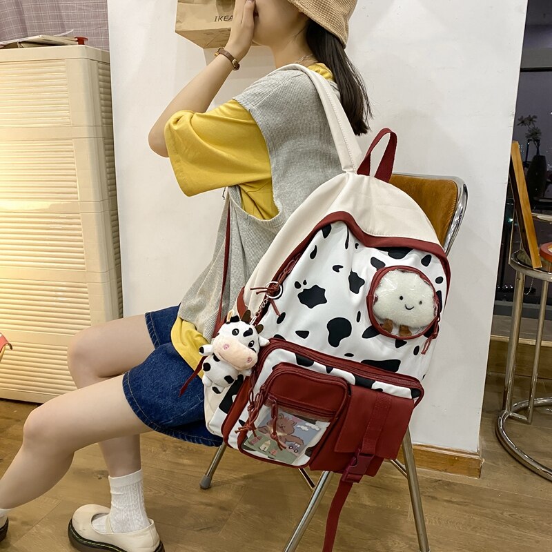 New Kawaii Cow Print Women Backpack Female Multi-pocket Knapsack Teenage Girl Transparent Book Bag Students Big Schoolbag