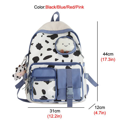 New Kawaii Cow Print Women Backpack Female Multi-pocket Knapsack Teenage Girl Transparent Book Bag Students Big Schoolbag