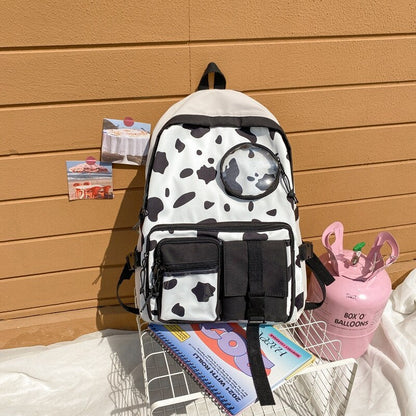 New Kawaii Cow Print Women Backpack Female Multi-pocket Knapsack Teenage Girl Transparent Book Bag Students Big Schoolbag