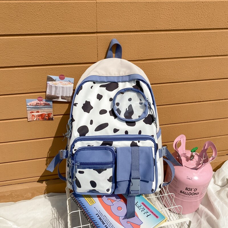 New Kawaii Cow Print Women Backpack Female Multi-pocket Knapsack Teenage Girl Transparent Book Bag Students Big Schoolbag